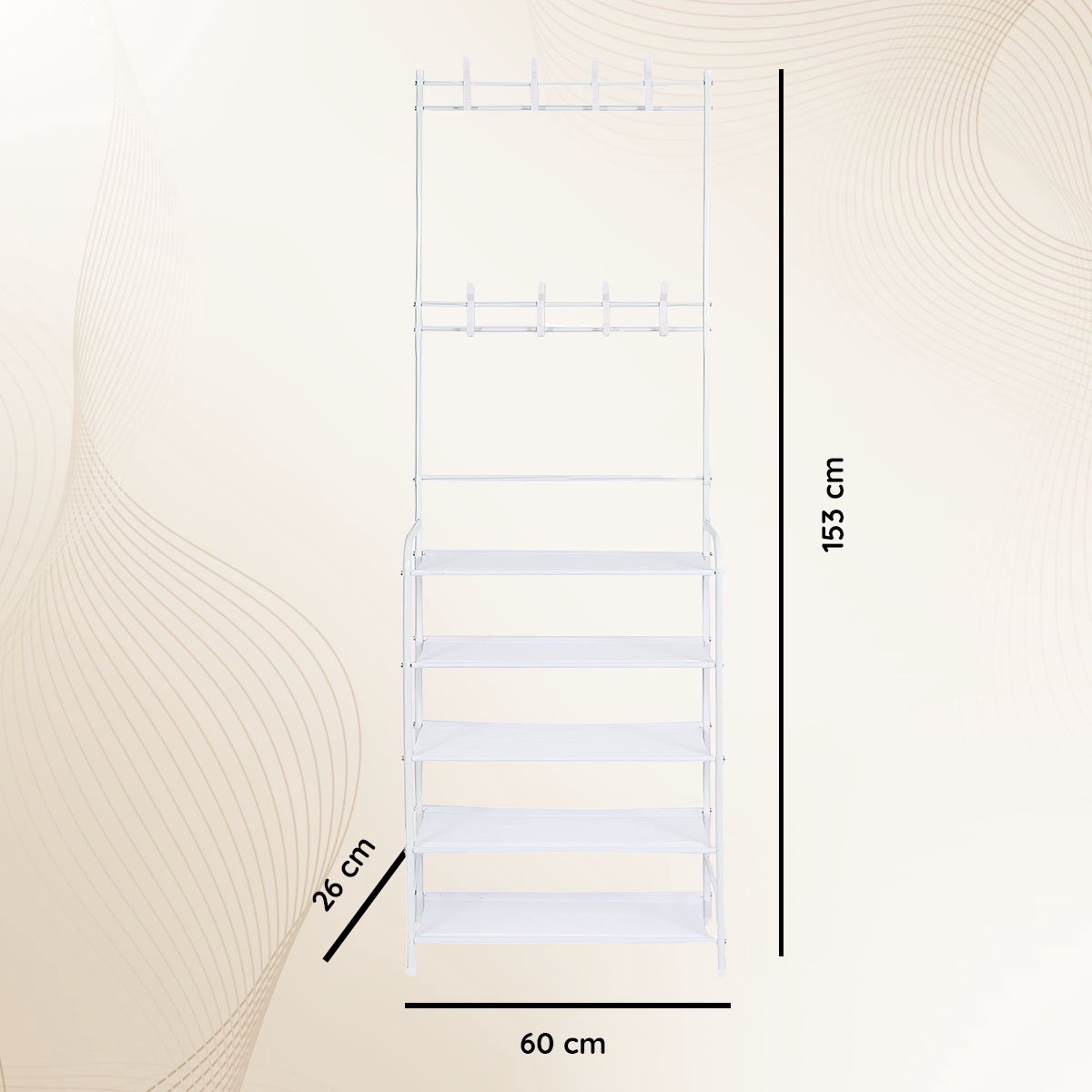 Eleganca Kledingrek - H153 x B60 x D26 cm - Schoenenrek - Garderoberek met Schoenenplank - Ruimtebesparend - 2-in-1 Hangerrek - 5 Planken - Metaal - Wit – foto 6