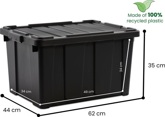 Zwarte opbergbox met deksel, met afmetingen 62x44x35cm, gemaakt van 100% gerecycled plastic.