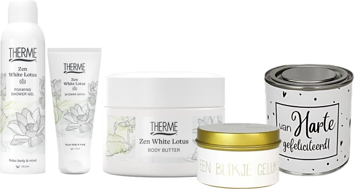 Goedkoopste Therme Cadeauset Zen White Lotus Douche & Body Gefeliciteerd - Therme Zen White Lotus Shower Foam - Therme Zen White Lotus Body Butter - Snoepblikje Van Harte Gefeliciteerd