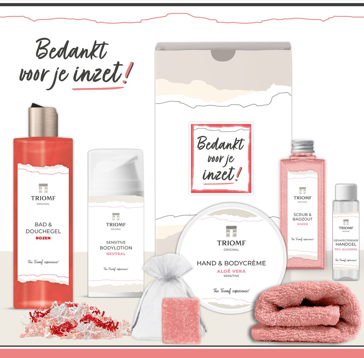 Goedkoopste Geschenkset “Bedankt voor je inzet!” - 7 producten - 850 gram | Triomf Original - Giftset voor haar - Bedankt Cadeau Pakket - Geschenk Luxe wellness cadeaubox Vrouw - Cadeaupakket - Pensioen Collega Zorgwerker Medewerker Vrijwilliger - Gift Set Roze