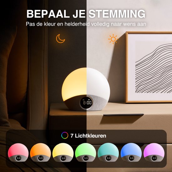 Wekkerlamp met 7 lichtkleuren, van roze tot rood, oranje, geel, groen, cyaan en blauw.