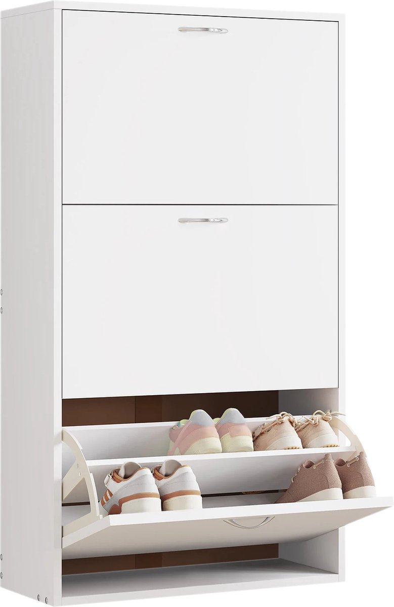 MS® - Schoenenkast - Schoenenrek - Wit - Schoenenrek wit - Hoog met 3 lades - Met handgreep - Opbergsysteem 12 tot 18 schoenen - LxBxH: 58x23x104 cm