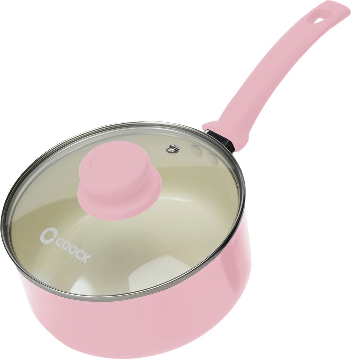COOCK Steelpan met deksel Inductie - 2500ml - Speciale Anti-Aanbak Coating - Sauspan met Ergonomische Koudgrepen - Gerecycled Aluminium - Roze/Wit - Inclusief E-book