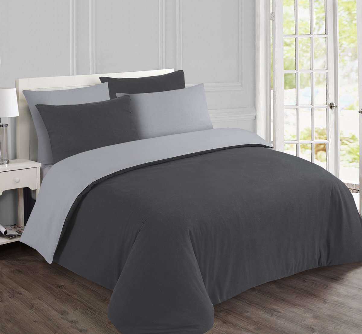 VISION Flanel - Tweezijdig omkeerbaar Dekbedovertrekset - 100% katoen flanel: warm en zacht - Lits-jumeaux - Dekbedovertrek 240 x 220 cm met 2 bijhorende slopen - Grijs / Antraciet - Oekotex gecertificeerd