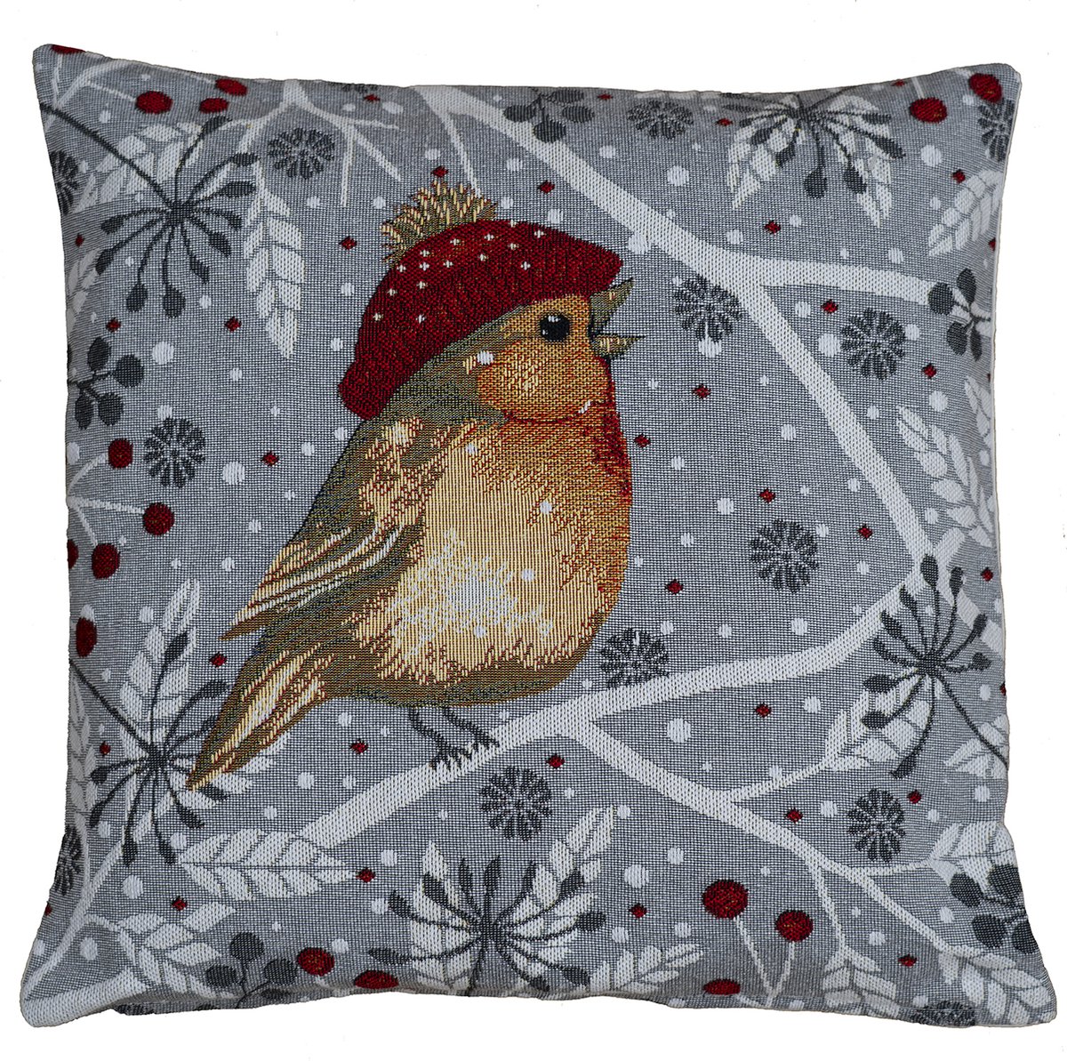 Kussenhoes - Gobelinstof - Kerst - Grijs met roodborstje op tak- 40 x 40 cm