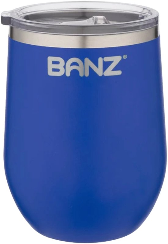 Foto: Banz hippe blauwe inox rvs thermo reisbeker thermomok voor koffie thee melk koelbeker voor water frisdrank wijn apero spirits 33cl