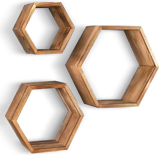 IvoQ Set van 3 Houten Hexagon Wandplanken - Decoratieve Wandplanken - Perfect voor Woonkamer, Slaapkamer & Meer!