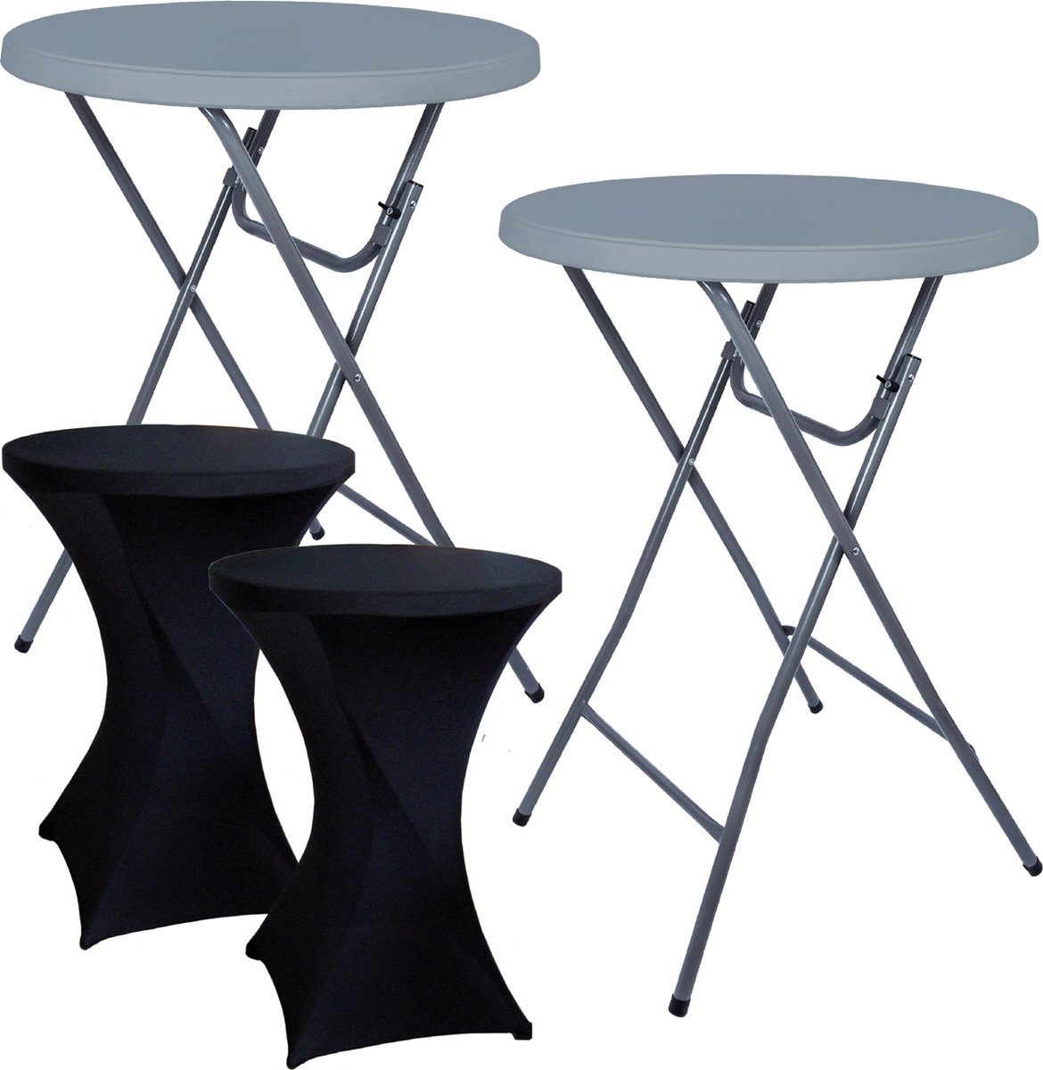 Brasq Statafel Grijs – Ø80 x 110 cm – Inklapbare Statafel – Partytafel – Bartafel – Vouwtafel – Voor Binnen en Buiten – Kunststof & Metaal – Set van 2 Incl. Zwarte Statafelrokken 2 statafels Grijs + 2 Zwarte statafelrokken