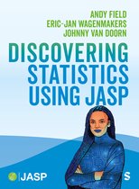 Boek "Discovering Statistics Using JASP" met een vrouw met blauwe vlechten op de voorgrond.