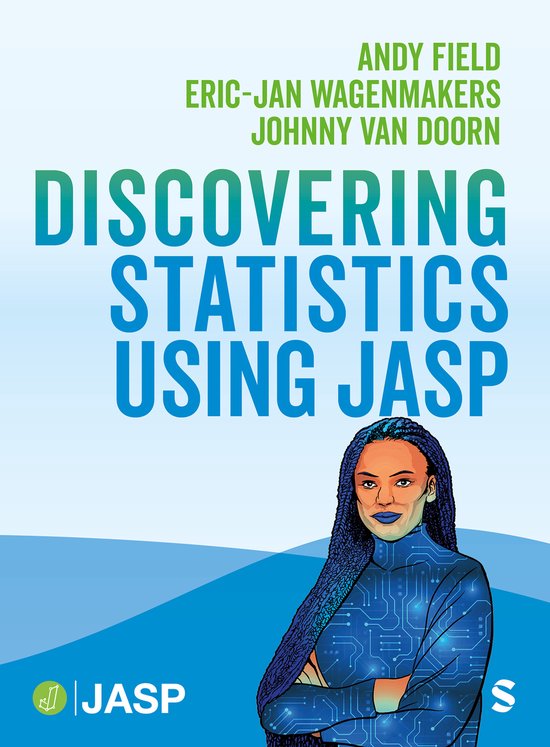 Boek "Discovering Statistics Using JASP" met een vrouw met blauwe vlechten op de voorgrond.