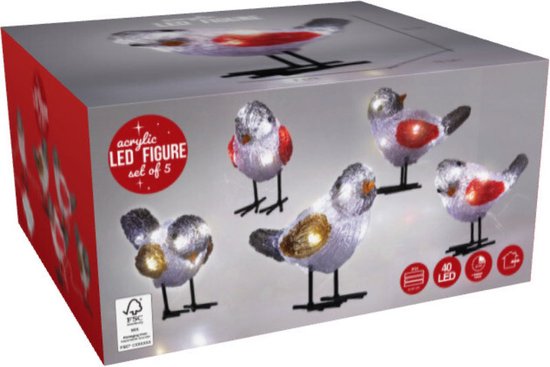 Doos met 5 acryl kerst vogelfiguren, roodborstjes met LED-lampjes, glitters.