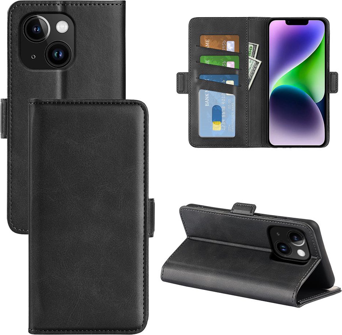 MobyDefend Hoesje - Geschikt voor iPhone 15 - Luxe Wallet Book Case (Sluiting Zijkant) - Zwart