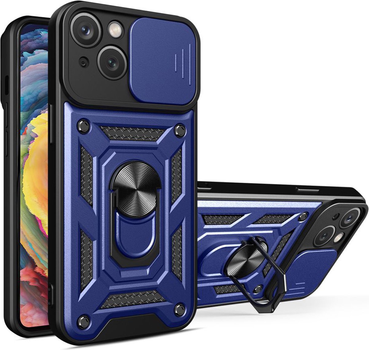 MobyDefend Hoesje - Geschikt voor iPhone 15 - Pantsercase Met Draaibare Ring - Blauw