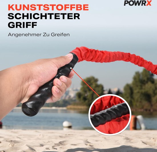 POWRX Battle Rope met dekking incl. workout I 38 of 50 mm I trainingstouw sporttouw slagtouw touw voor fitness krachttraining I verschillende lengtes I wandmontage optioneel | sling trainer | dauw