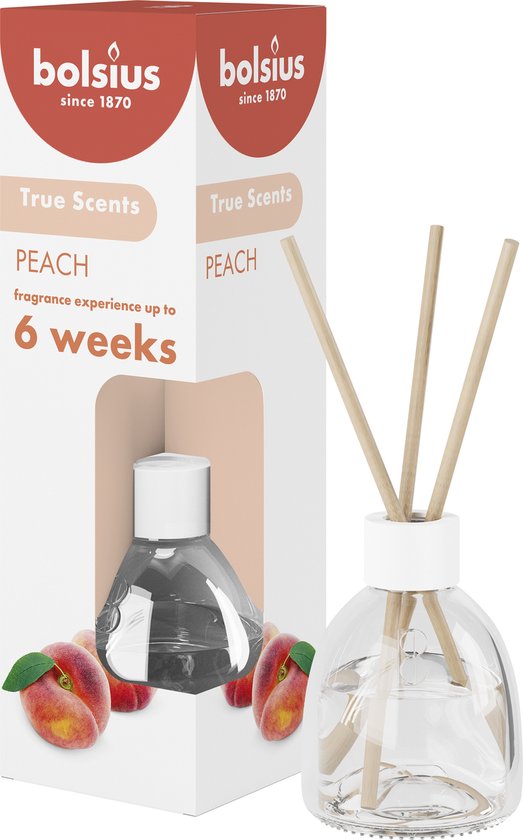 Bolsius True Scents geurstokjes met perziksmaak, in een glazen flesje met 5 houten stokjes.
