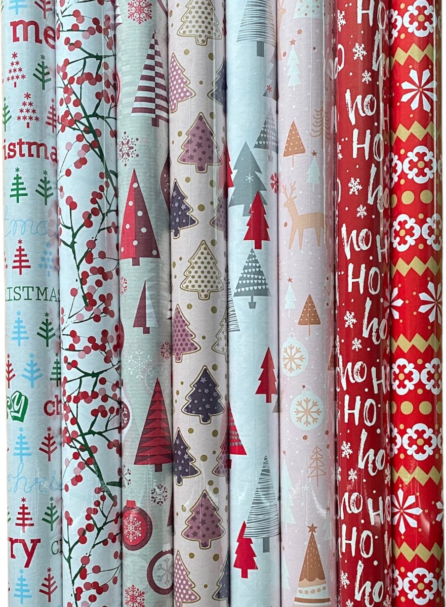 FESTIVE GIFTS Inpakpapier - Cadeaupapier - 300 x 70cm - 8 rollen - Kerst - Luxe Cadeauverpakking - Kleurrijk