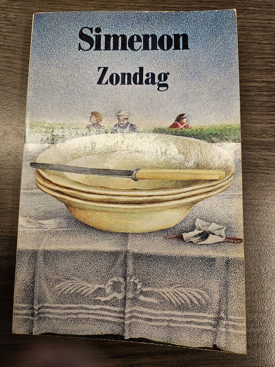 Couverture du livre 'Zondag' de Simenon avec un chapeau, un couteau et des figures sur un champ.