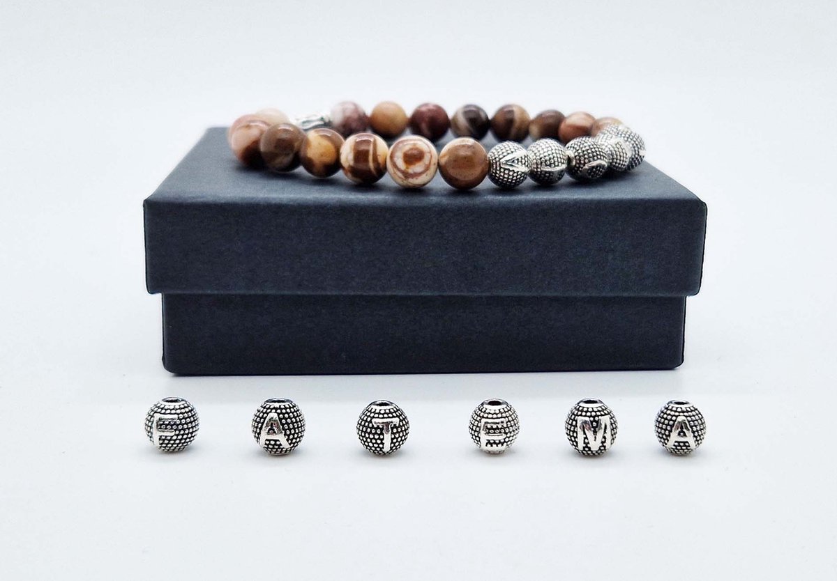 Handgemaakte Natuurstenen armband met metaal naam "Australia zebra jasper" - Met je naam of de naam van uw geliefde- 8 mm diameter van de korrel- Diameter armband 20 cm - Een mooi cadeau voor familie en vrienden