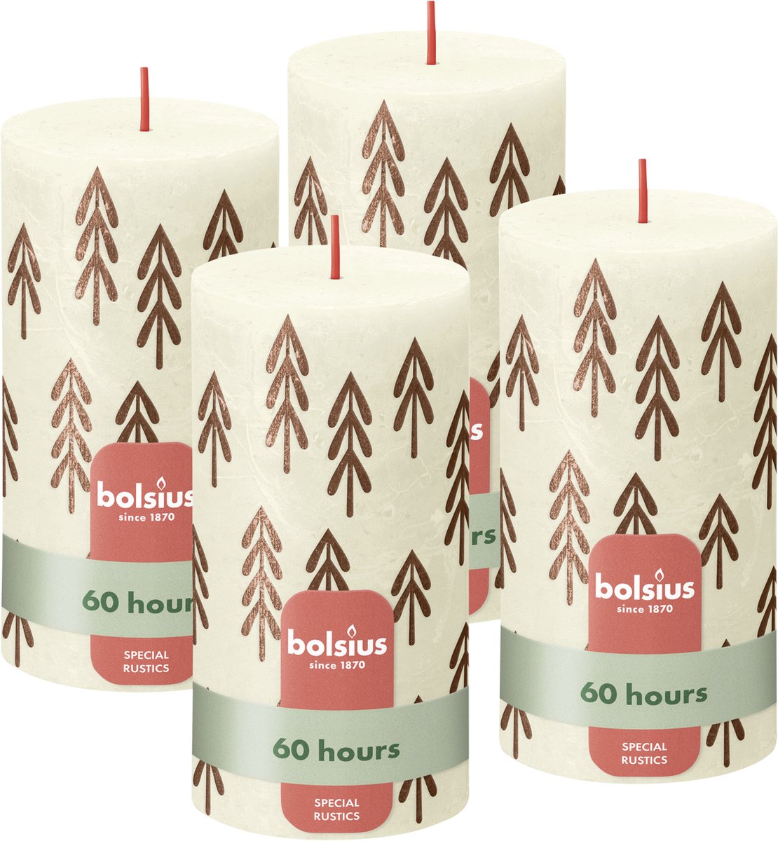 Bolsius - Rustieke kaars - 4 Stuks - Ivoor met print - 13cm - Kerst patroon