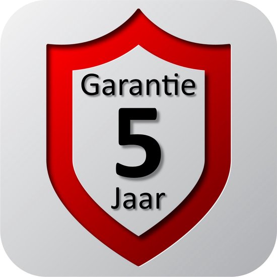 Garantieschild met "5 Jaar Garantie" in het Nederlands.