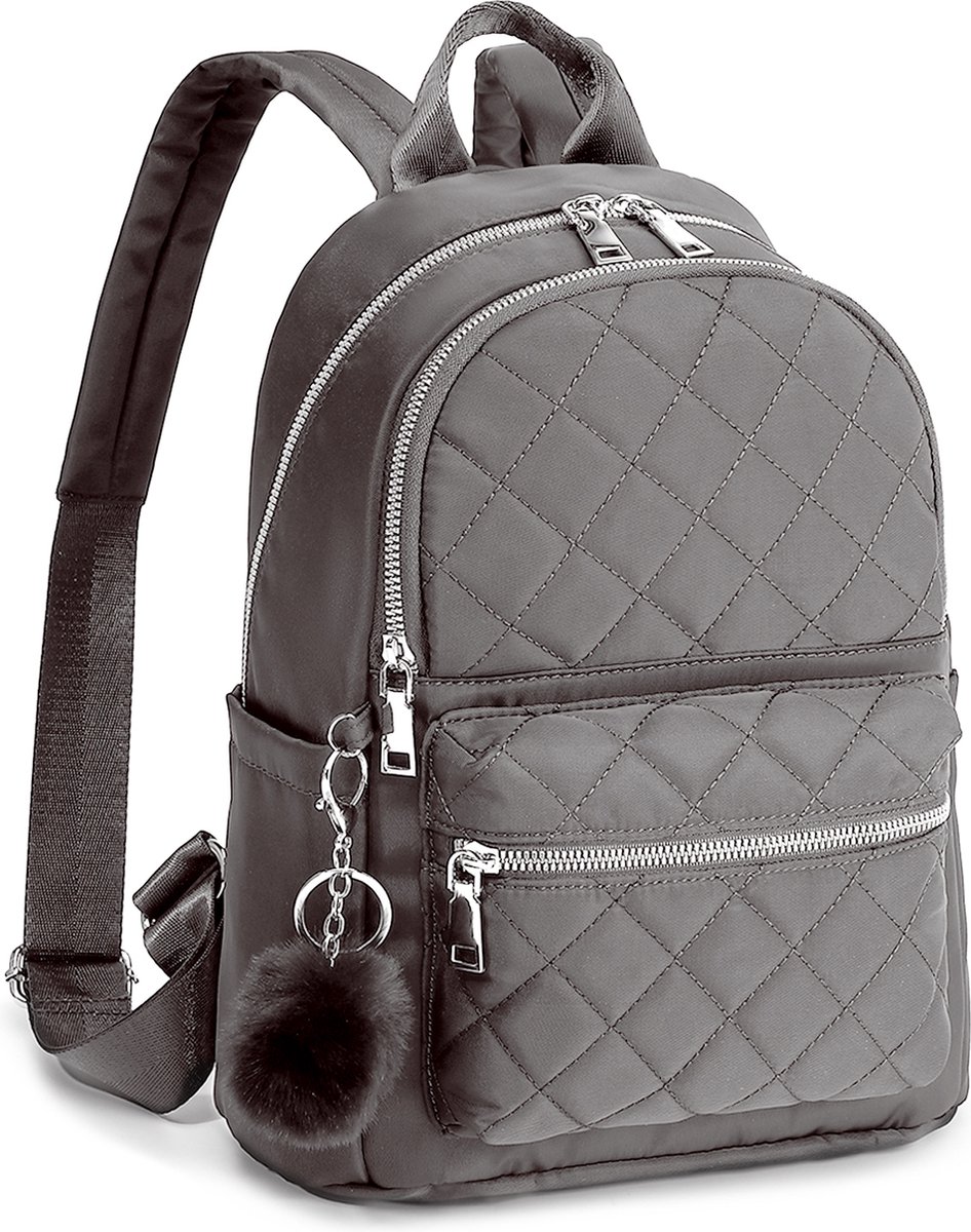 FASSIONA Rugzak Dames - Rugtas Meisje - Rugtas Dames - Mini Rugtas - City Rugzak Meisje - Pluche Bal Sleutelhanger - Nylon - Grijs