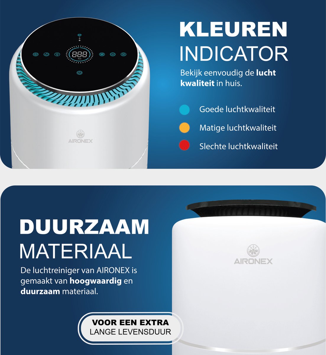 Aironex Luchtreiniger met Hepa Filter – Tegen Allergie & Hooikoorts - HEPA 13 + Ionisator – CADR 365 m³/u – 55 m² – Stil – Luchtkwaliteitsindicator - Air Purifier -Luchtreinigers — afbeelding 5
