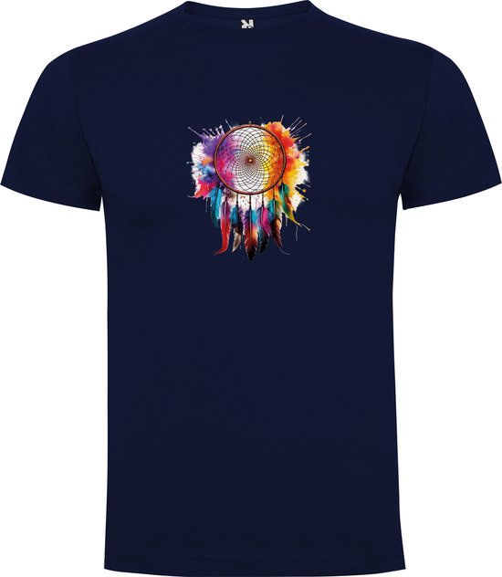Donker Blauw T-Shirt met “Kleurrijke Dromenvanger “ Print Full Color Maat 4XL