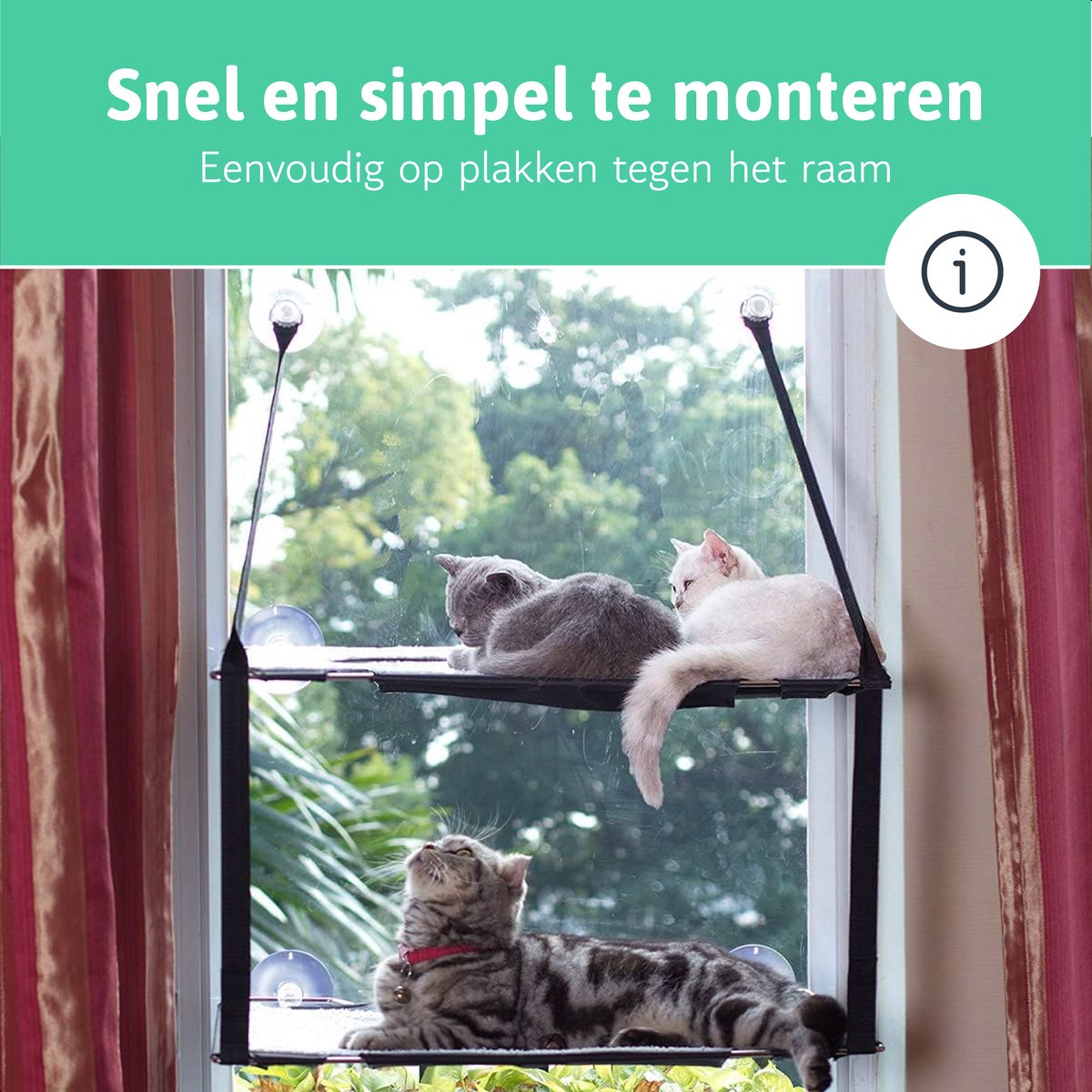 Raamhangmat - Dubbellaags - Met zuignappen - 20kg draag gewicht - Kattenhangmat - Hangmat kat - Kattenbed - Kattenkussen - Kattenbank - Kattenmand - Raam - Kattenhangmat Raam - Zwart - Radiator – foto 3