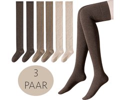 Overknee kousen dames - set van 3 paar - maat M/L - 100% elastisch katoen - donkerbruin - lichtbruin - creme - wintersokken - schoenmaat 36/39 - lange sokken - over de knie