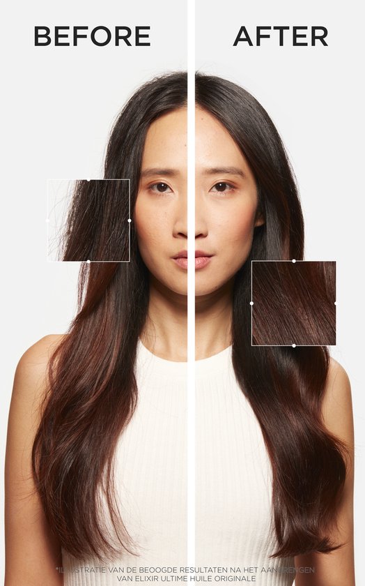 Voor-en-nafoto van een vrouw met lang, donker haar dat glanzender en zachter is na gebruik van Kérastase Elixir Ultime haarolie.