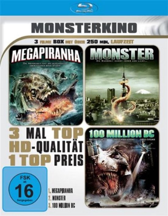 Blu-ray box 'Monsterkino' met 3 films: Megapiranha, Monster en 100 Million BC. Bevat meer dan 250 minuten speelduur.
