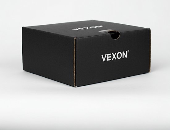 Zwarte VEXON doos met logo op een witte achtergrond.