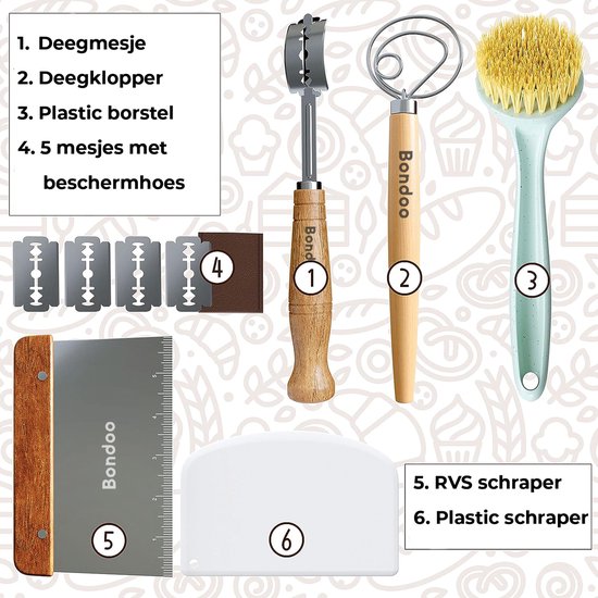 Bondoo Rijsmandje Ø 23 cm - Broodbakken - Banneton - Rijsmandje Brood - Rijsmand Rond - Zuurdesem starter set - incl Deegkleed - Deegmesje - RVS Deegschraper - Plastic Deegschraper - Deegklopper - Borstel