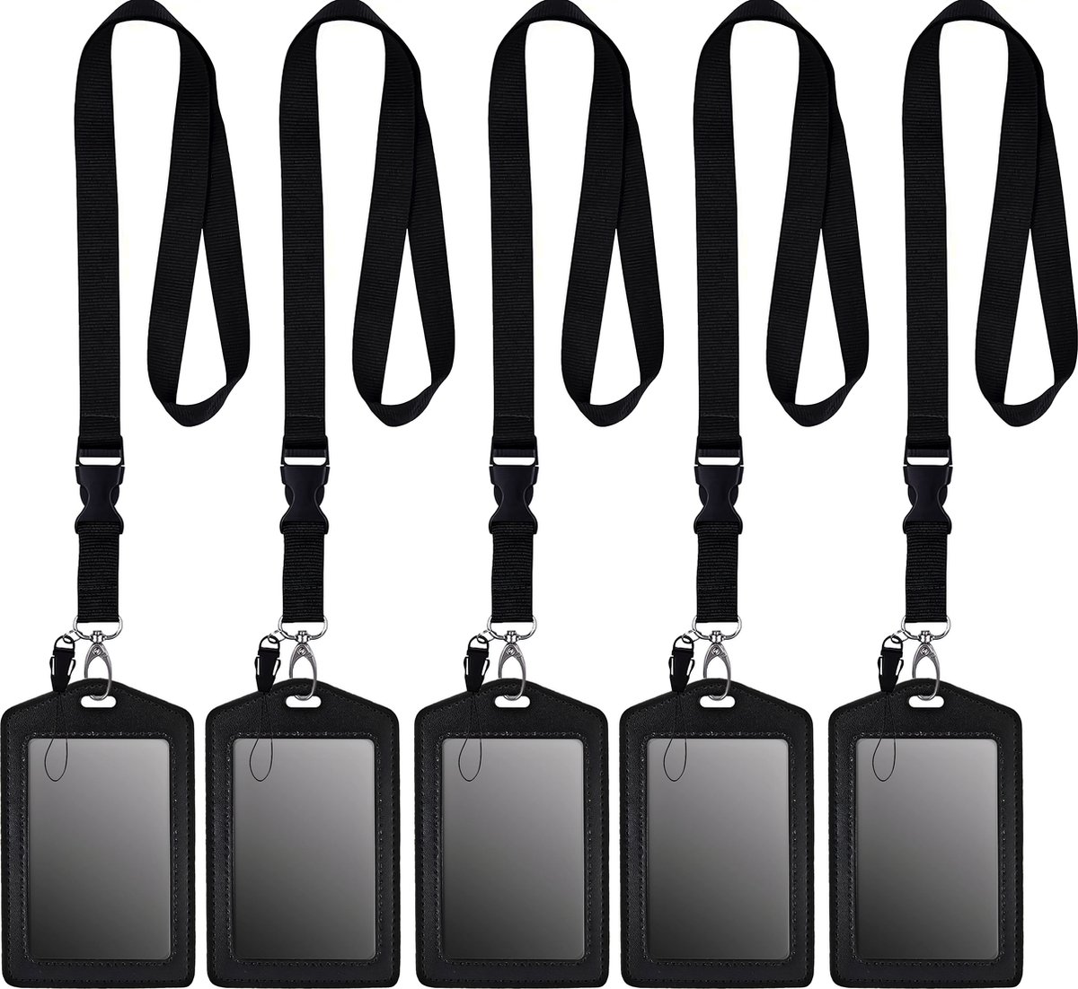 5 Stuks Afneembaar Lanyard Sleutelhangers met 5 Leer Badgehouders - Zwart Nekkoord - Keycord Pashouder - Kaarthouder met Keykoord - Badge Houder voor Kaart/Sleutels - Telefoon/GSM Koord - Sleutelkoord - Universeel ID Pashouder - Telefoonkoord