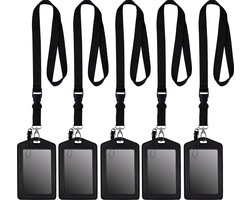 5 Stuks Afneembaar Lanyard Sleutelhangers met 5 Leer Badgehouders - Zwart Nekkoord - Keycord Pashouder - Kaarthouder met Keykoord - Badge Houder voor Kaart/Sleutels - Telefoon/GSM Koord - Sleutelkoord - Universeel ID Pashouder - Telefoonkoord
