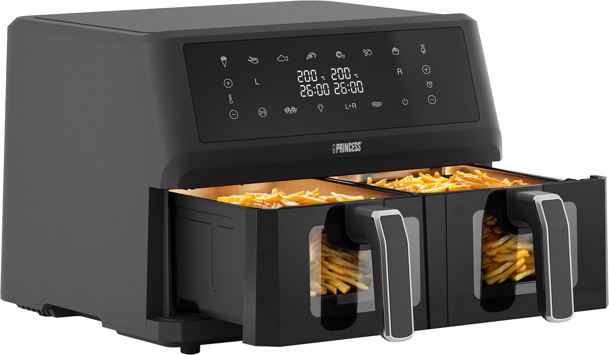 Princess Double Basket Airfryer 182276 - Dubbele Airfryer - 11 liter - 2 manden x 5,5liter - XXXL - Kijkvenster - 8 programma's - 2400W - PFas vrij - Touchscreen - Zwart - Sync functie