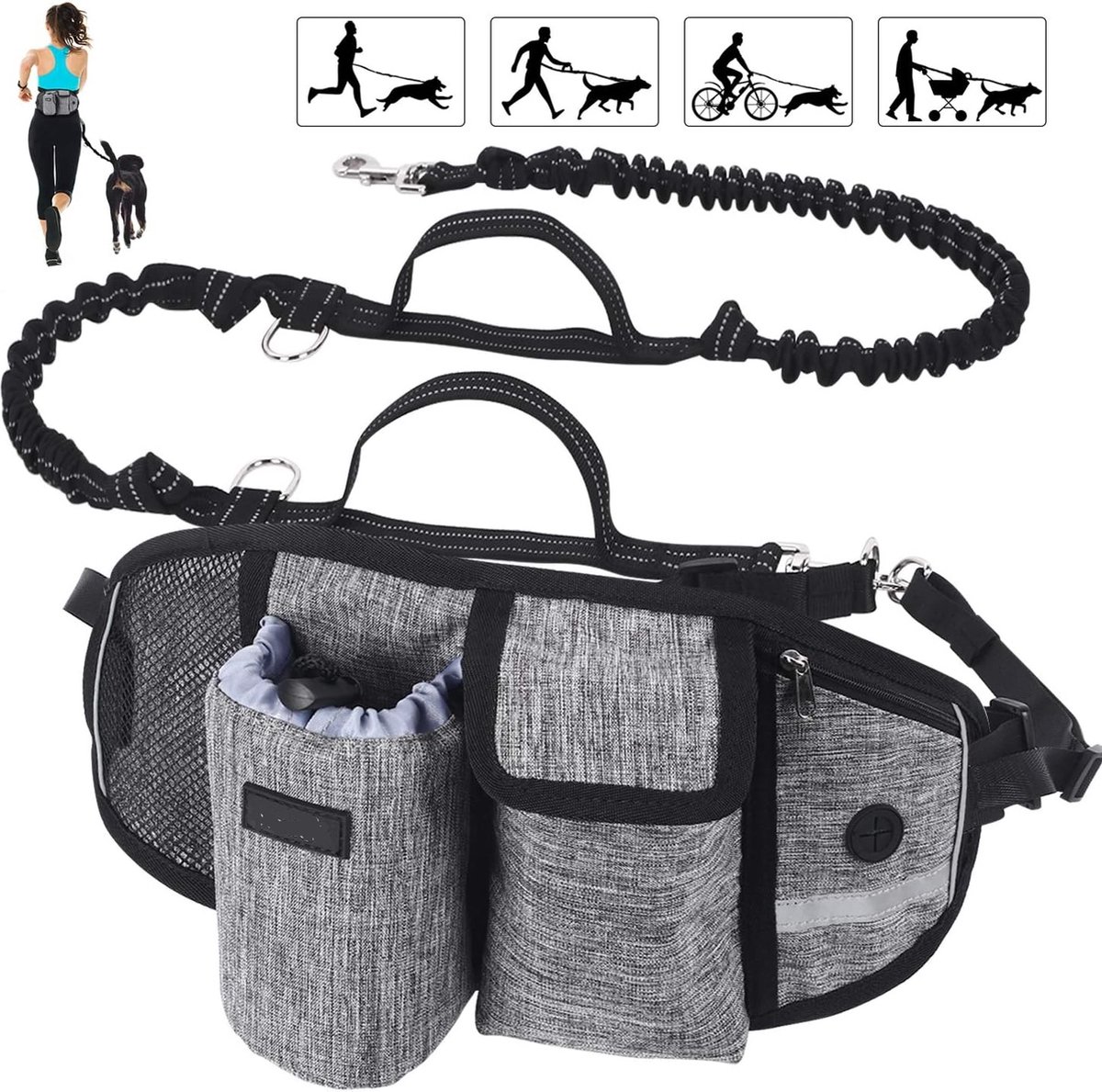 Handsfree Hondenriem, Handsfreelijnen voor Honden met Brede Rugsteunriem, Schokdempend Elastische Hondenriem Reflecterende Hondenlijn met Verstelbare Heupgordel, 2 Handvatten, Multi Pouch, Telefoonzak, Kan 60KG Weerstaan