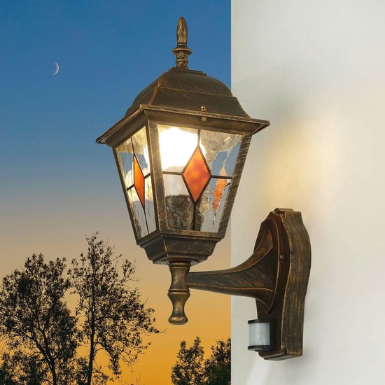Buitenlamp 3-armig, kandelaar in bruin/goud, E27, tuinverlichting van gegoten aluminium met glazen ruiten, lantaarn voor buiten, padverlichting tuin, hoogte 270 cm, vintage design, zonder gloeilampen