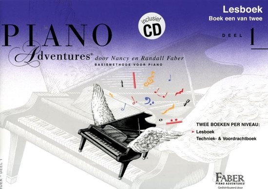 Piano Adventures Lesboek 1 (+CD): Een vleugelpiano met vleugels en bladmuziek, met 'inclusief CD'.