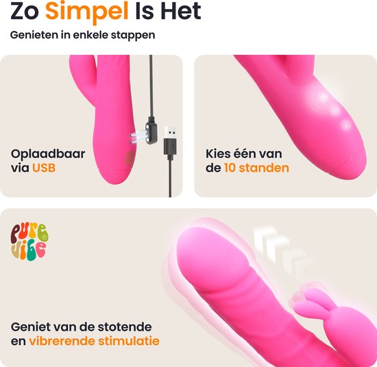 Drie afbeeldingen van een roze vibrator die USB-opladen, 10 standen en vibrerende stimulatie tonen.