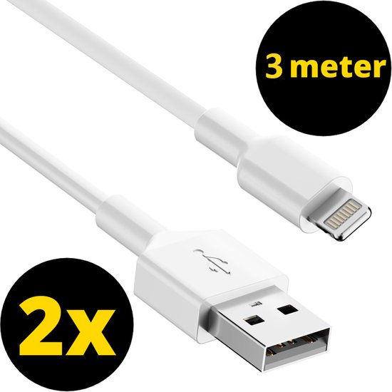 2x Câble de chargeur de 3 mètres adapté à iPhone - Câble adapté à Lightning - Câble de charge - Câble USB - Câble de chargeur