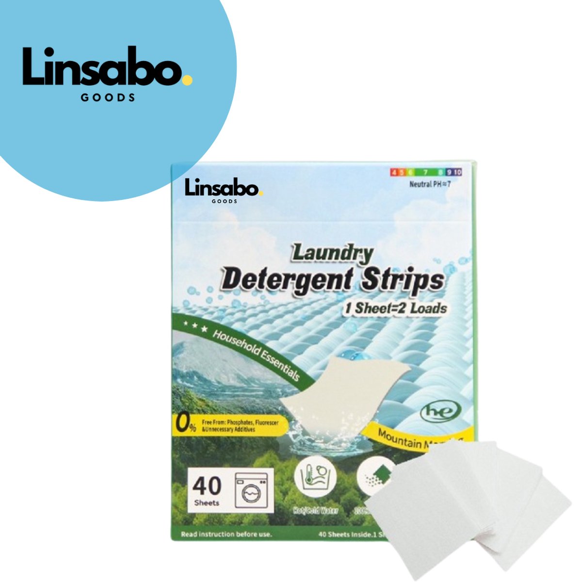 Goedkoopste Linsabo Goods Wasstrips – Mountain Morning Vegan, Plasticvrij, Hypoallergeen Wasmiddel met Langdurige Frisse Geur (40 Strips, 80 Wasbeurten