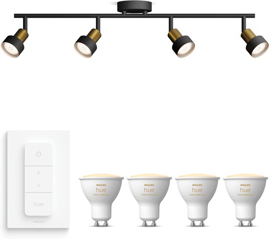PHILIPS HUE Pongee Opbouwspot met 4 Lichtpunten GU10 (Zwart) Warm tot Koelwit Licht | Incl. 1 Hue Dimmer Switch, Hue White Ambiance