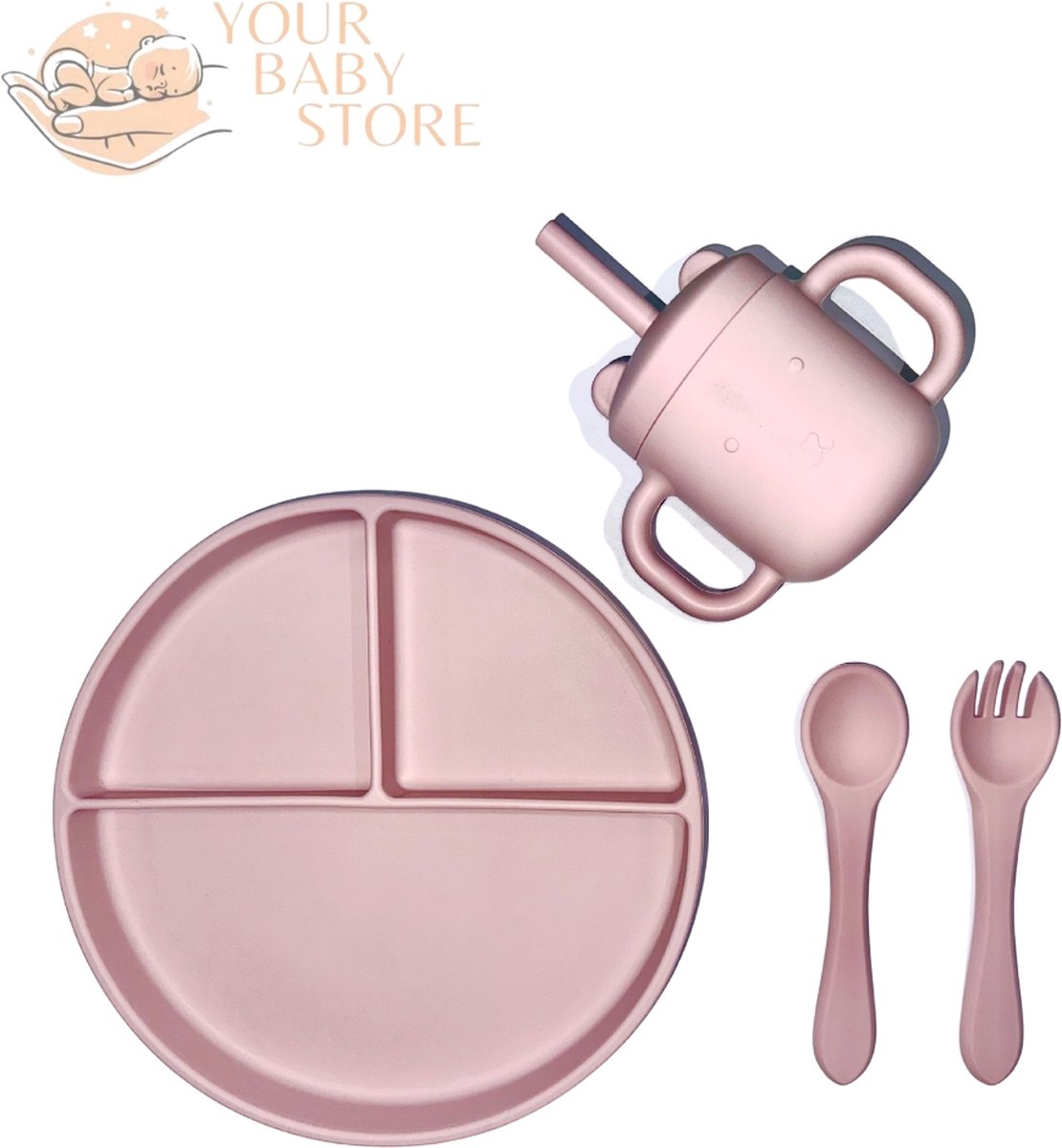 Goedkoopste BabyHap set - 3 delig bord - bestek - drinkbeker - Roze - siliconen - YOURBABYSTORE