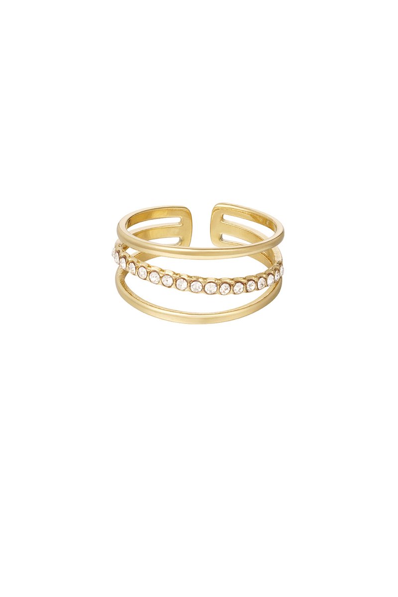 Ring drie laags met rij steentjes - Goudkleur