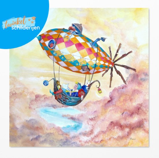 Twinkelschilderijen poster kinderkamer - Zeppelin Ferdy op vakantie - Fantasie wanddecoratie kinderkamer en babykamer - Kunststof Poster muurdecoratie 60x60 cm | Incl GRATIS ophangsysteem |