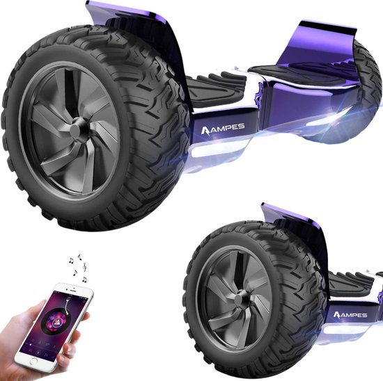 Ampes Hoverboard - Off Road Hoverboard - Bluetooth Speaker - 36V 4.0 Ah Accu - Oxboard - 15 km/h - UL2272 Gecertificeerd - LED Verlichting - Anti lek banden - Belastbaar tot 120KG - 8.5 Inch - Inclusief Draagtas - 800W - Chroom Paars