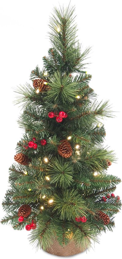 Mini Kerstboompje | Kunstkerstboom met rode bessen en dennenappels | H: 46 cm | LED verlichting | op batterijen | 31TPC18B