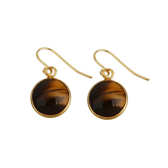 Edelstenen oorbellen Tiger Eye Gold Round - oorhangers - bruin - goud - tijgeroog - edelstaal - luxe sieraden zakje - edelstenen oorbellen dames - bruine oorbellen