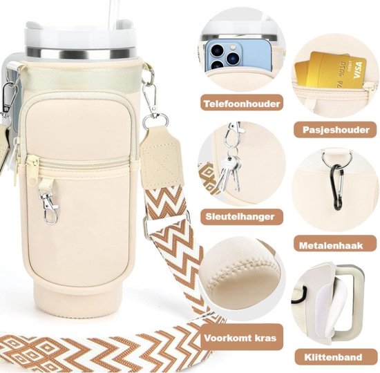 Dutchers.® Waterfleshouder geschikt voor Stanley Cup + 3x lekvrije siliconen dop - waterfles houder met riem fit 40 oz, Accessoires, waterfles tas met verstelbaar voor wandelen wandelen kamperen van Dutchers® — afbeelding 3